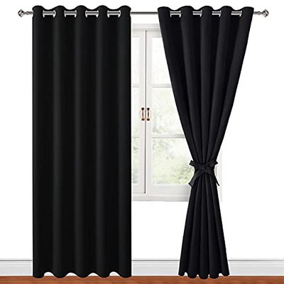 Hiasan Blackout Curtains for Bedroom, 60 x 84 Inches Long - Thermal Insulated & Noise reducing Window Curtains for Living Room, 2 Drape Panels Sewn with Tiebacks, Black