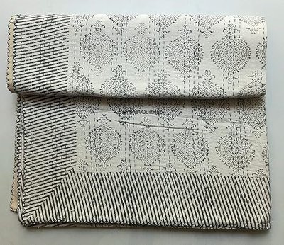 Blue Indigo Print Cotton Handmade Handblock Quilted Blanket Indian Cottodspread Kantha Indigo Print Beork Bohemian Bed Decor Block Throw Blanket Twin/King/Queen (Twin 60X90 inches)