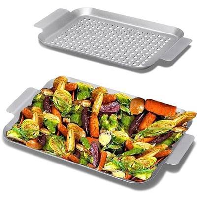 2 Pieces Grill Basket - Stainless Steel Grilling Tray Durable Grill Pans with Holes for Outdoor Grill Small and Big Topper Baskets BBQ accessories for Vegetable, Fish, Meat, Seafood 11"x7" & 14"x10"