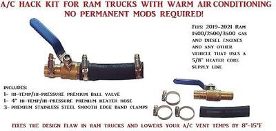 MUZZYS A/C HACK KIT Fits: Ram 2019 2020 2021 2022 1500 2500 3500 Trucks with Weak/Warm Air Conditioning from Factory, Heater Core Blend Door By-Pass Mod Fix, W/Clamps Hose Shut Off Valve, Gas & Diesel