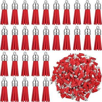 200 Pieces Keychain Tassels Faux Suede Leather Tassel Pendants Keychain Decoration Tassels with Loop for DIY Crafts Making Supplies (Red)