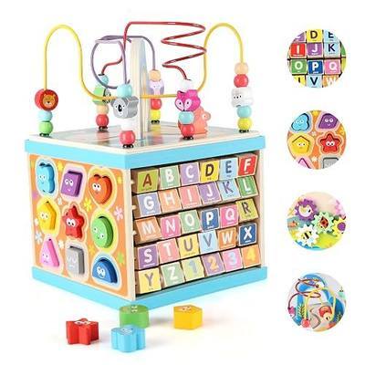Qilay 5-in-1 Wooden Activity Cube for Toddlers 1-3(Large),Multipurpose Toddler Activity Center with Bead Maze & Shape Sorter, Early Educational Toy First Birthday Present for Boys Girls