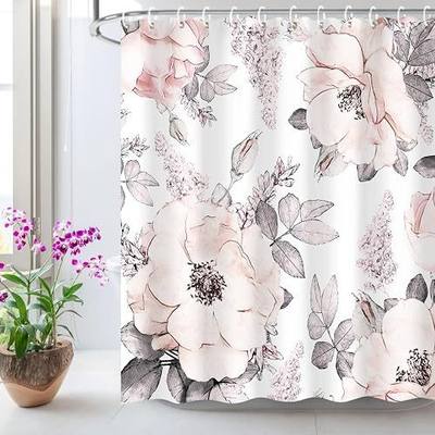 LIVILAN Pink Gray Flower Shower Curtain, Watercolor Floral Shower Curtains with Hooks White Grey Fabric Blossom Bathroom Decor Machine Washable, 72" W x 72" H