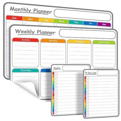 4-Pack Non-Magnetic Dry Erase Calendar Board Set – Monthly, Weekly, Daily, to-Do List Planner – Whiteboard for Stainless Steel Fridge, Wall, Glass, Door – Family, Office, Classroom Organizer