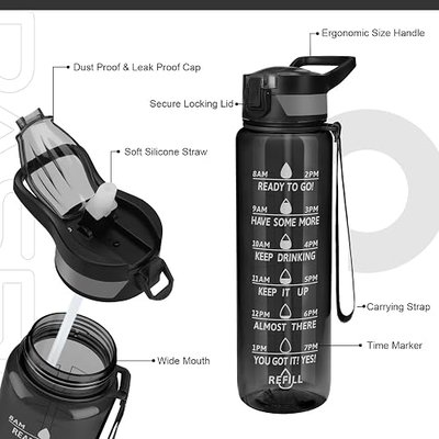 PASER 32OZ Motivational Sports Water Bottle with Comfortable Handle, Leakproof BPA Free Tritan Drinking Water Bottle with Time Marker & Straw to Drink More Water Daily (Include Bottle & Straw Brush)