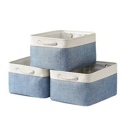 TcaFmac Storage Bins for Organization - Large 3 Pack Canvas Storage Basket for Shelves with Handles, Collapsible Baskets for Organizing for Closet Dog Laundry (White & Blue16x12x8 inch)