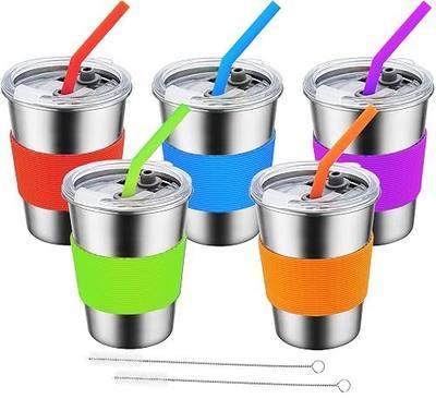 Huzz Stainless Steel Kids Cups with Lids and Straws, Spill Proof Toddler Cups, Unbreakable Kids Drinking Cups with Straws, Leak Proof Toddler Sippy Cups with Lids for Kids (12oz, 5pack)