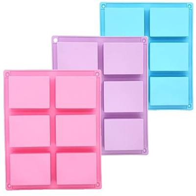 3 Pack Silicone Soap Molds 6 Cavity Rectangle for Craft Soap, Muffin, Loaf, Cornbread, Cake, Chocolate & Ice Cube Trays (Blue, Pink, Purple)
