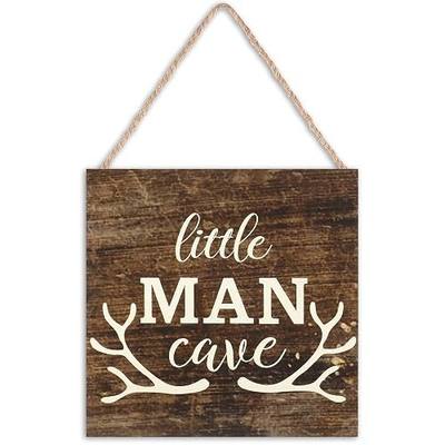 Jetec Little Man Cave Wood Sign with Antlers, 7x7in Rustic Brown Wall Decor | Farmhouse Style, Baby Nursery & Bedroom Wall Hanging, Wood door decor, Boys Room Gift