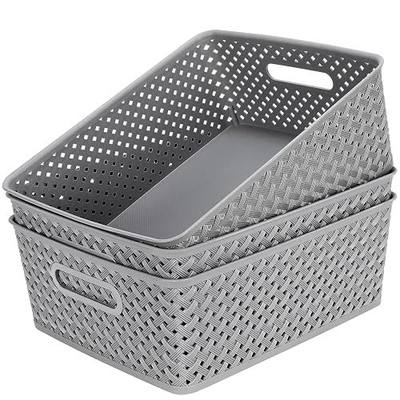 MaxGear 3 Pack Plastic Storage Baskets, Large, Grey | Durable Woven Plastic with Built-In Handles, Suitable for Shelves, Closets, Cabinets, Bathrooms and Offices