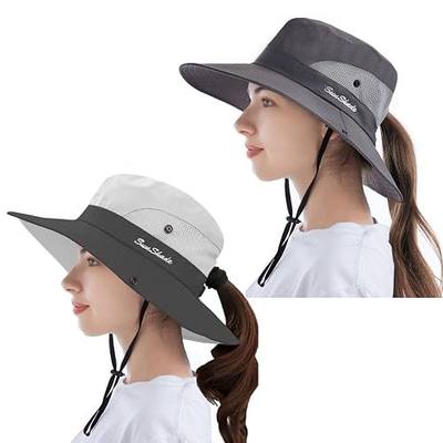 Tutuko Womens Wide Brim Sun Hats Foldable UV Protection Beach Bucket Hats Ponytail Mesh Fishing Hat