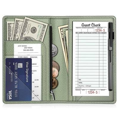 FINTIE Server Book Organizer with Zipper Pocket | PU Leather Restaurant Guest Check Presenters Card Holder, For Waitress, Waiter, Bartender, Sage Green