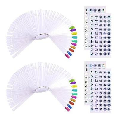 UPZIGS Nail Swatch Sticks with Number Stickers, Transparent-100pcs | Fan-Shaped Nail Art Practice Tips with Ring, 2 copies 1-100 Holographic Stickers, Nail Polish Color Display & Organization