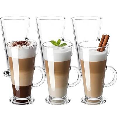WUWEOT 6 Pack Tall Irish Coffee Mugs, 9 OZ Clear Milkshake Glass Latte Cups, Colombian Glass Cappuccino and Hot Chocolate Mugs with Handle for Tea, Water, Juice, Beer, Milk Hot And Cold Drinks