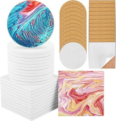 Ceramic Tile for Crafts Coasters 24 Pack, 4 Inch White Tiles Unglazed | with 24 Pack Cork Backing Pads Includes Square and Round Ceramic Coasters for DIY Arts Craft Project Coasters (24)