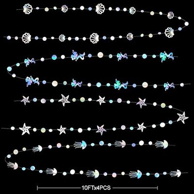 40 Ft Iridescent Mermaid Garland with Jellyfish SeaShell Starfish Pearl Holographic Paper Streamer for Little Mermaid Rainbow Theme Birthday Bachelorette Wedding Shower Under the Sea Party Decorations
