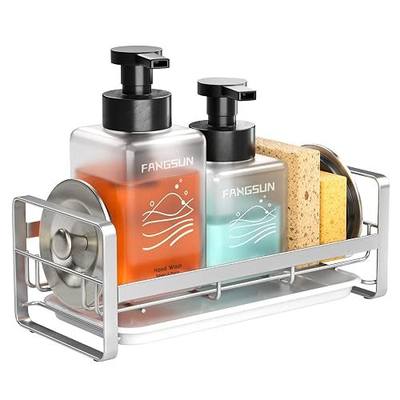 FANGSUN Large Sponge Holder for Kitchen Sink, 304 Stainless Steel Sink Caddy Organizer with Removable Drip Tray, Kitchen Countertop Dish Soap Holder, Not Include Soap Dispenser, Grey