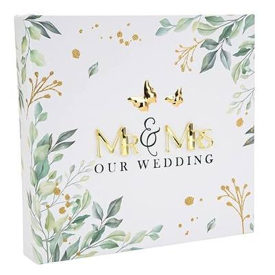 Happy Homewares Ivory White Wedding Photo Album with Shiny Gold 3D Mr and Mrs Letters and Green Floral Decoration | 50 Photographs 4" x 6"