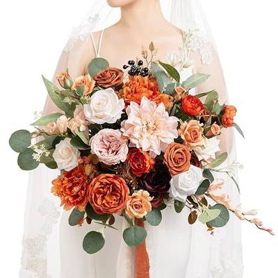 Ling's moment Freeform Bridal Bouquet Terracotta Wedding Bouquets for Bride | 15" Amber Organic Bouquet Artificial Silk Flowers Rustic Handmade Fake Roses Ceremony Anniversary Matching Bridesmaid Style