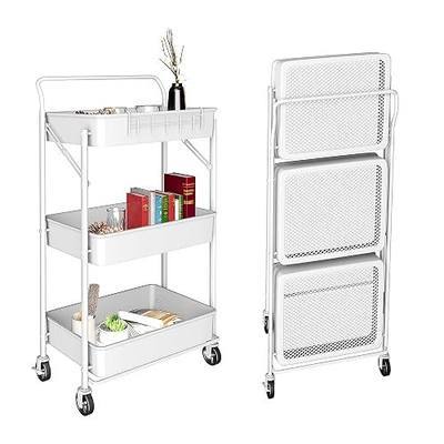 3 Tier Rolling Cart with Wheels - Foldable Metal Organizer Storage Carts with Hooks, Free Installation Utility Trolley, Enlarge Quiet Wheels with Locked, Collapsible for Kitchen, Outdoor(White)