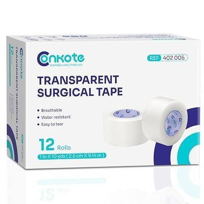 Conkote Transparent Medical Tape 1" x 10 Yards, First Aid Adhesive Clear Surgical Bandage Tape for Wound Care, 12 Rolls