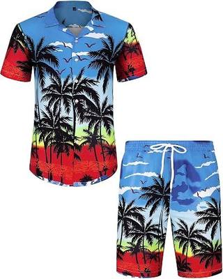 J.VER Men's Hawaiian Shirts Casual Button Down Short Sleeve Shirts Set Printed Shorts Beach Tropical Hawaii Suits