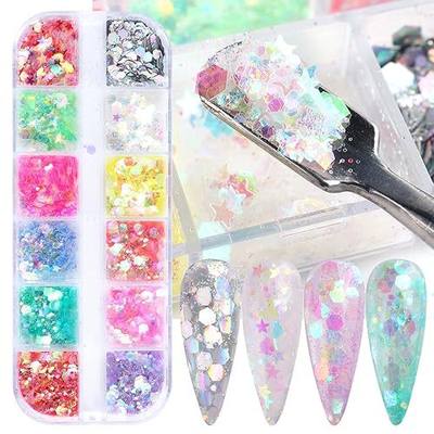 12 Colors Nail Art Sequins Mermaid Iridescent Nail Glitter Flakes Design Holographic Acrylic Nails Supplies for Nail Art Gel Polish Nail Art Powder Women Girls Manicure Tips 3D Charms Decoration