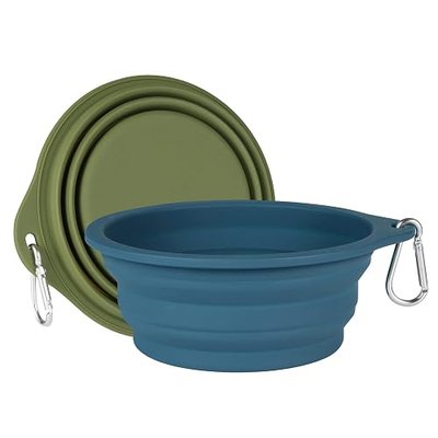 SLSON 2Pack Collapsible Dog Bowl,Integrated Molding Travel Bowl No Plastic Rim Pet Feeding Bowls for Walking Traveling Outdoors,600ML (Navy Blue+Dark Green)