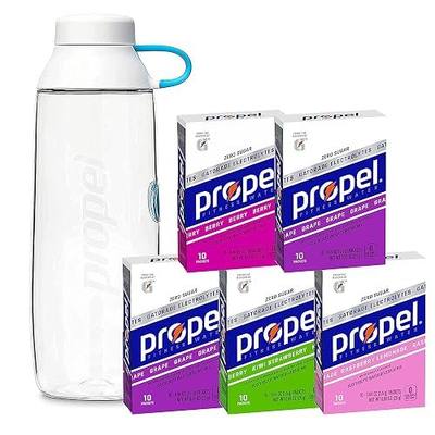 Propel 20oz Reusable Bottle, BPA Free, Impact Resistant, On-The-Go Strap, Dishwasher Safe, White + Propel Powder Packets Four-Flavor Variety Pack With Electrolytes, Vitamins and No Sugar (50 count)