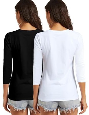 Womens Basic 3/4 Length Sleeve Summer Cotton Tops T-Shirt for Women