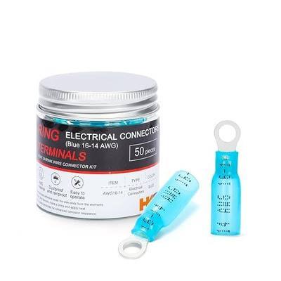 HKS 50 PCS Ring Terminals #8 Blue 16-14 AWG -M4 - Electrical Connectors - Heat Shrink Wire Connector Kit - Tinned Red Copper - Automotive Marine Ring Connectors - Waterproof and Insulated