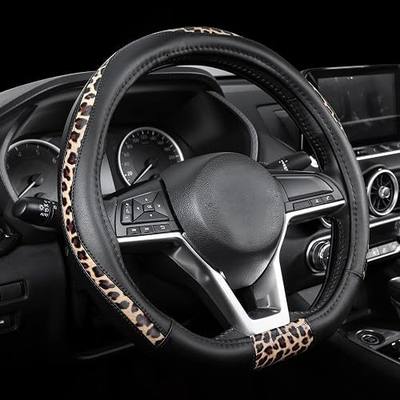 Road Comforts Steering Wheel Cover - Flat Bottom Wheel Cover Made with PVC Leather and Leopard Fabric - Universal Fit for 15-Inch D-Shaped Automotive Steering Wheels (Black Color)
