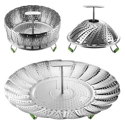 Flexzion Vegetable Steamer Basket for Pot, Stainless Steel, 7-11 Inch | Collapsible, expandable steamer for cooking with removable center handle and raised feet for vegetables, eggs and dumplings