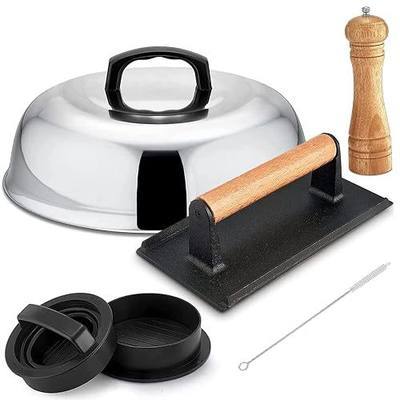 Leonyo Melting Dome & Cast Iron Burger Press, 4 Pcs Grill Accessories, Burger Press Tool with 12 inch Basting Cover, Smash Burger Press, Hamburger Patty Maker, Pepper Grinder for Flat Top Teppanyaki