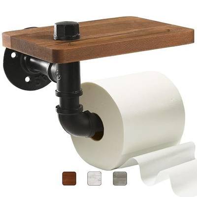 Industrial Pipe Wall Mounted Toilet Paper Holder with Shelf - Rustic Wood and Metal Bathroom Tissue Roll Holder, Farmhouse Decor for Bathroom-Brown