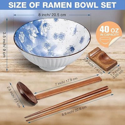 Patelai 4 Sets Ceramic Japanese Ramen Bowls 40 Ounce Large Ceramic Noodle Serving Bowl with Spoons, Chopsticks and Chopstick Stands for Soup, Cereal, Rice, Udon, Asian Noodles (Flower and Fish Style)