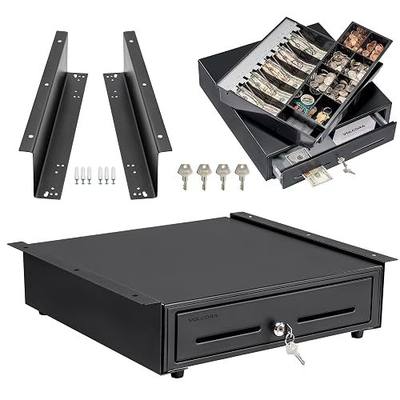 Volcora Cash Register Drawer with Under Counter Mounting Bracket - 16" Black Drawer for POS, 5 Bill 8 Coin Compartment, Fully Removable 2 Tier Cash Tray, 12-24V RJ11/RJ12 Key-Lock, Double Media Slot