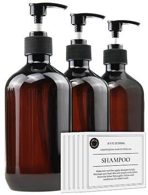 Empty Plastic Bottles with Pump Dispenser, 500ml/16.9oz (Amber, 3 Pack) | 6 Labels Included, Refillable Travel Containers for Hand Sanitizer Shampoo Lotion, etc - No BPA/Paraben-Free