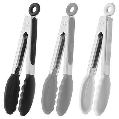 HINMAY Small Silicone Tongs 7-Inch Mini Serving Tongs, Set of 3 (Black Gray White) | Black Gray White
