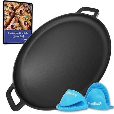 16 Inch Cast Iron Pizza Pan Round Griddle by StarBlue with FREE Silicone Handles and 30 Recipes Ebook– Pre-Seasoned Comal, Kitchen Essentials for Pizza Lovers, Baking, Grill, BBQ, Stove Oven Safe