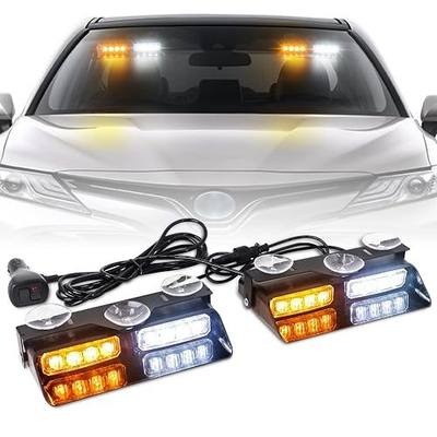 XRIDONSEN 2 in 1 Dash Strobe Lights Interior Windshield Emergency Lights | Amber White Warning Hazard Safety Flashing Light w/ Suction Cups for Construction Vehicles, Trucks Car (2×7.16 inch, 16 LED)