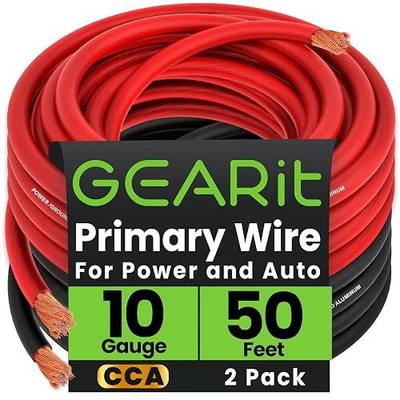 GEARit 10 Gauge Primary Wire CCA, 10 AWG Copper Clad Aluminum Power & Ground Battery Cable, 50 ft Each Black & Red Pair (100 ft Total) for Automotive, Car Audio, Trailer