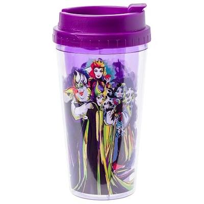 Silver Buffalo Villains “Bad Vibes Only” Double Wall Plastic Travel Mug Featuring Ursula, Maleficent, Evil Queen, and Cruella de Vil, 16 Ounces