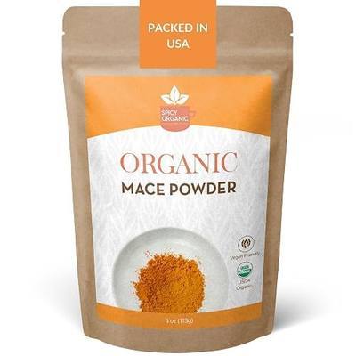SPICY ORGANIC Ground Mace Spice 4 oz – USDA Organic, Non-GMO, Premium Mace Powder, Warm Aromatic Flavor for Baking, Cooking & Spice Blends, Resealable Freshness Pouch