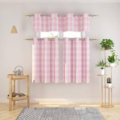 3 Pc Cotton Classic Country Farmhouse Kitchen Window Curtain Grommet Top -Pink & White Buffalo Check Tier & Valance Set, 54" x 18" / 32" x 24"