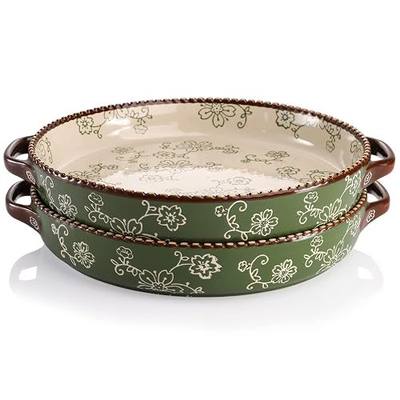 AVLA 2 Pack Ceramic Pie Pan, 9 Inch Round Baking Dish with Double Handle, 28 Ounce Deep Quiche Plates for Kitchen, Cooking, Roasting Lasagna (Sakura, Green)