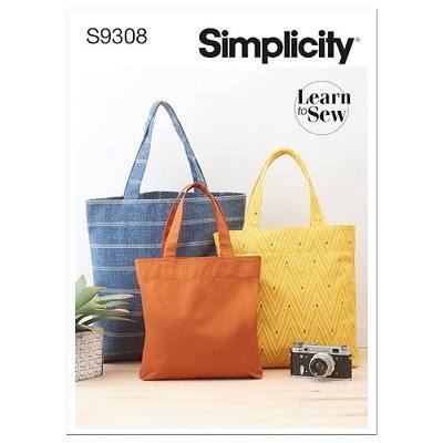 Simplicity S9308 Tote Bag Sewing Pattern, Unlined Tote Bags with Inside Pockets, Three Sizes, One Size