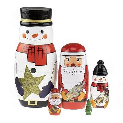 Clever Creations 5 Pcs Handmade Wooden Russian Matryoshka Nesting Dolls Set, Traditional Christmas Home Decoration, Snowman