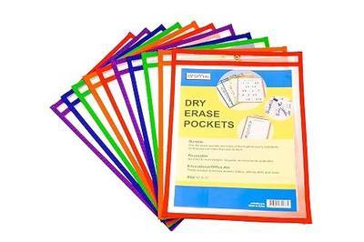 Reusable Dry Erase Pockets - 10 Pack, 10 x 13 Inches Heavy-Duty Plastic Paper Sleeves, Colorful Clear Sheet Protectors - Perfect for Organizing Office, Classroom, and School Supplies
