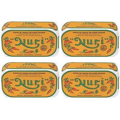 Nuri Mackerel Fillets Spiced in Olive Oil | 4 Pack | Product of Portugal | Premium Wild Caught, Hand Selected and Packaged | 100% Natural | Gourmet fish in 4.4 oz can (125 Gram)